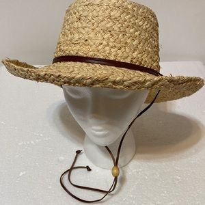 BEAUTIFUL BRAND NEW NATURAL FIBER HAT WITH BEADED CHIN STRAP TIE
